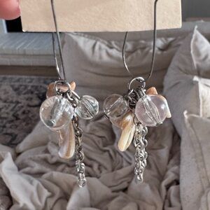 Handcrafted Shell & Glass Cluster Drop Earrings in Iridescent/Beige